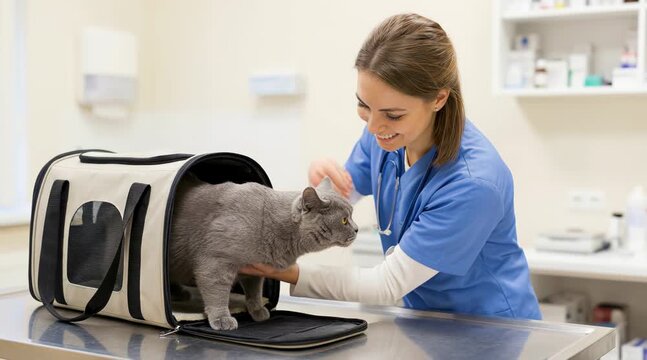 A cat is taken to the veterinary clinic during the day, where a technician conducts a thorough examination to assess its health