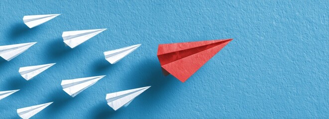 a single red paper airplane flies ahead of many white ones, symbolizing the idea that one person can lead and ensure success in business or professional life Generative AI
