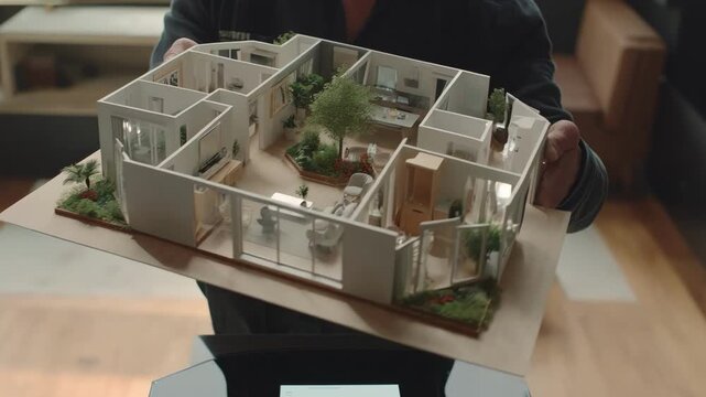 Medium shot of a client customizing modular floor plans illustrating flexible wall placements and personalized room configurations.