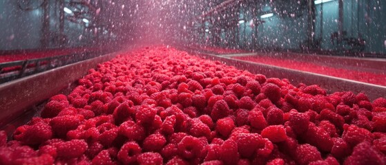 Fresh raspberries being processed in a food production facility