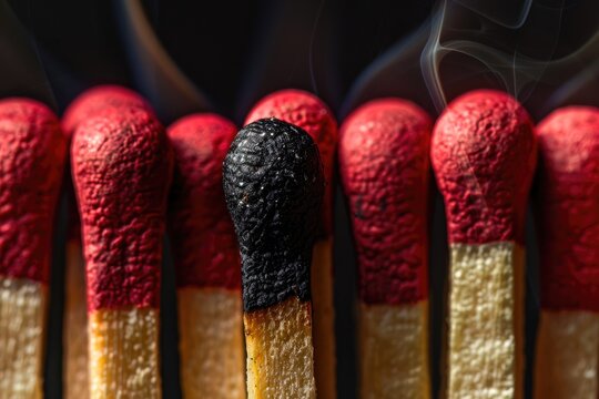 Burnt Matchstick Among Red Matches Concept of Difference