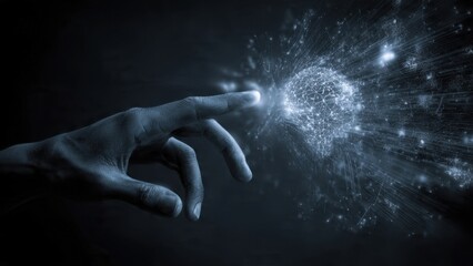 AI connection. Neural network, human hand touching.
