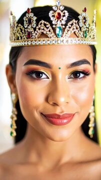 Elegant woman wearing a decorative gold crown, dramatic eye makeup, bindi, and jeweled earrings in a beauty portrait