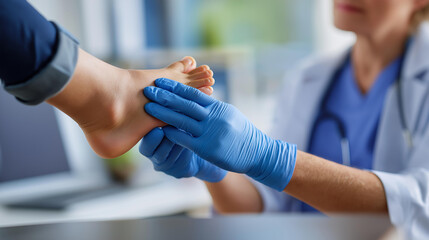 Medical professional in blue latex gloves examining patient's foot podiatry healthcare assessment clinical treatment procedure professional diagnosis examination therapeutic