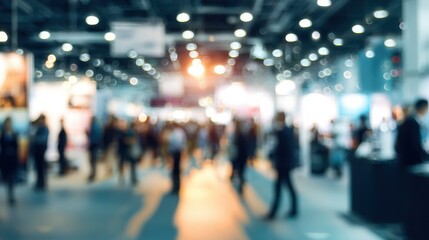blurred background of business event, exhibition or conference with people in modern hall