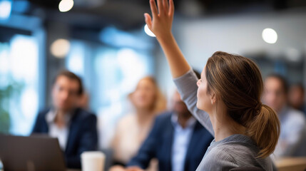 Business conference meeting participant raising hand to ask question office workshop training session professional engagement participation team collaboration discussion