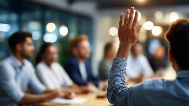 Business conference meeting participant raising hand to ask question office workshop training session professional engagement participation team collaboration discussion