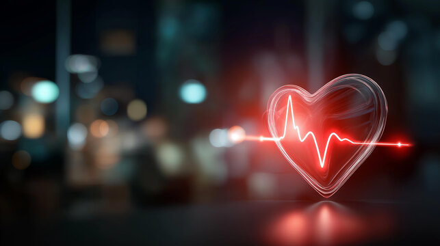 Glowing red heart with heartbeat pulse wave visualization healthcare cardiology concept cardiac health monitoring medical illustration life vitality symbol wellness