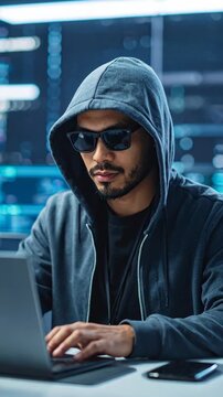Man in hoodie and sunglasses using laptop with programming code visible on the screen, showcasing online security measures.