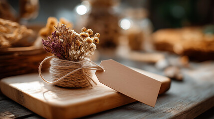 Rustic wooden table display with blank kraft paper tag and dried flowers vintage wedding decoration ideas artisan craft market setup natural bohemian aesthetic handmade fair