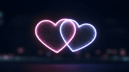 Two interlocking hearts made of pink and white glowing glitter particles with bokeh lights background for romantic valentine concept