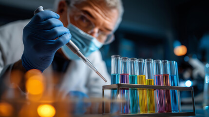 Faceless laboratory scientist wearing protective mask and gloves using pipette with colorful test tubes medical research experimentation scientific clinical analysis chemistry