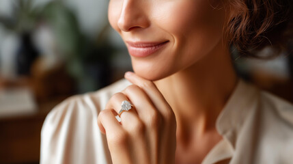 Faceless woman's hand with elegant diamond ring touching chin contemplative thoughtful gesture luxury jewelry showcase photography personal style accessory refined moment
