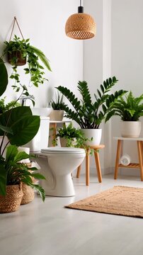 Bright bathroom interior with white toilet, braided rug, potted plants, and woven pendant lamp in a modern minimalist setting.