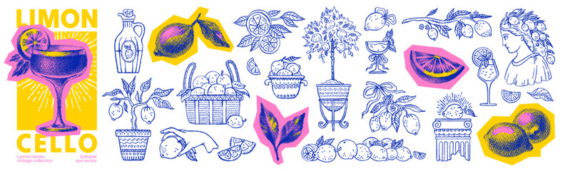 Lemon collage. Limoncello summer cocktail. Halftone photocopy Limoncello drink and lemon fruit. Mediterranean beach summer. Hand drawn retro Italy. Vintage Amalfi, Sicily vacation. Wine coast party bg
