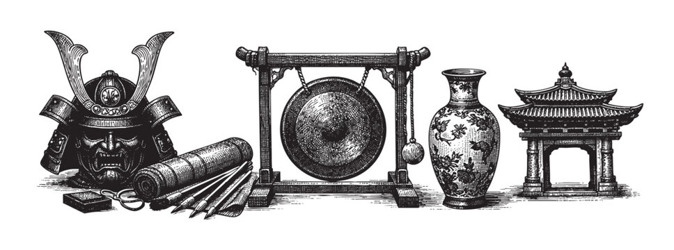 A detailed black and white engraving showcases iconic Japanese cultural items including a samurai helmet, scroll, gong, vase with dragon motif, and a torii gate arranged in a horizontal line.