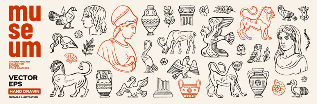 Ancient Greek or Roman statue, sculpture, column, vase, animal. Museum in Greece. Mediterranean Greek Roman mythology doodle art. Ancient museum line icon element. Vintage history antique myth bg