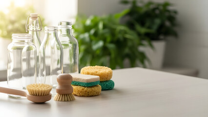 Reusable glass bottles, natural brushes, and sponges on a bright kitchen counter for an eco-friendly cleaning concept and sustainable home life