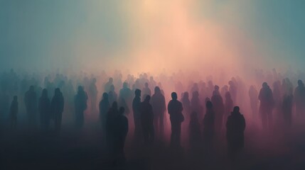 Fototapeta premium Silhouetted crowd in misty light creating mysterious atmosphere.