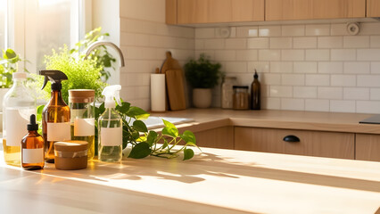 Various reusable bottles and green plants arranged on a sunlit modern kitchen counter for sustainable home cleaning concept with ample copy space