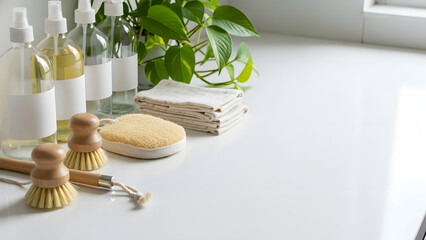 Eco-friendly natural cleaning supplies, brushes, and sponges arranged on a bright white countertop for sustainable home concept with ample copy space