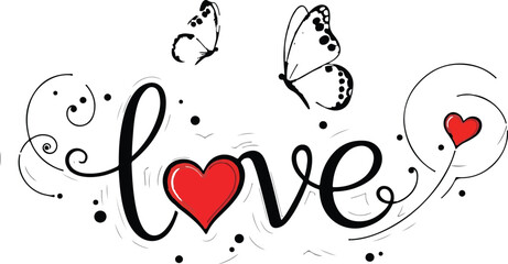 Beautiful handwritten love text with decorative swirls and butterflies around a red heart illustration