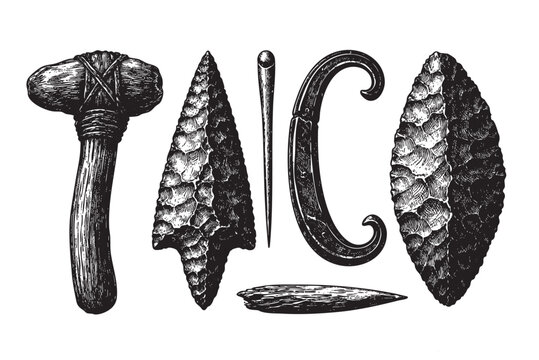 A black and white illustration showcases a collection of ancient tools and weapons, including a stone axe, arrowheads, and other primitive implements, rendered in a detailed etching style.