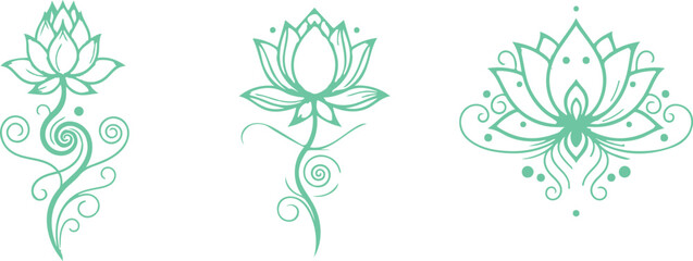 Beautiful handdrawn lotus flower illustrations with elegant swirls and decorative patterns