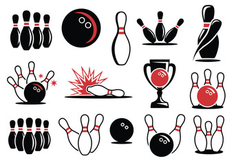 Bowling icons and symbols, including equipment and decorative elements, vector collection ideal for sports design, leisure activity graphics, game illustrations, tournament branding © welcome  saiful  