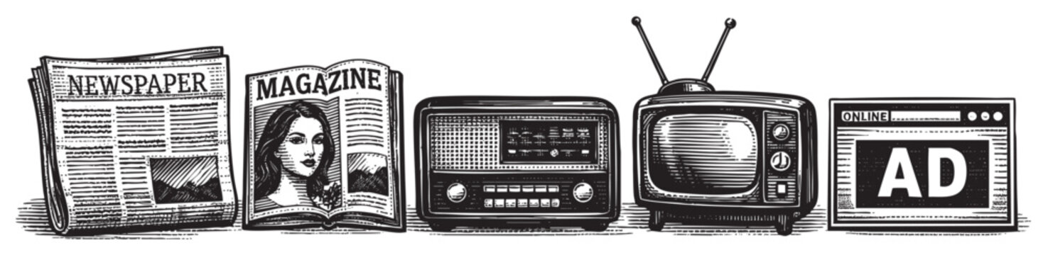 A retro woodcut style illustration showcasing a collection of vintage media, including a newspaper, magazine, radio, television, and online advertisement, representing the evolution of advertising.