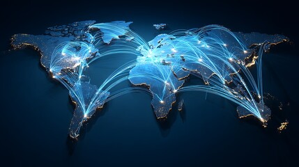 Global map with bright blue network lines connecting various points, illustrating global communication