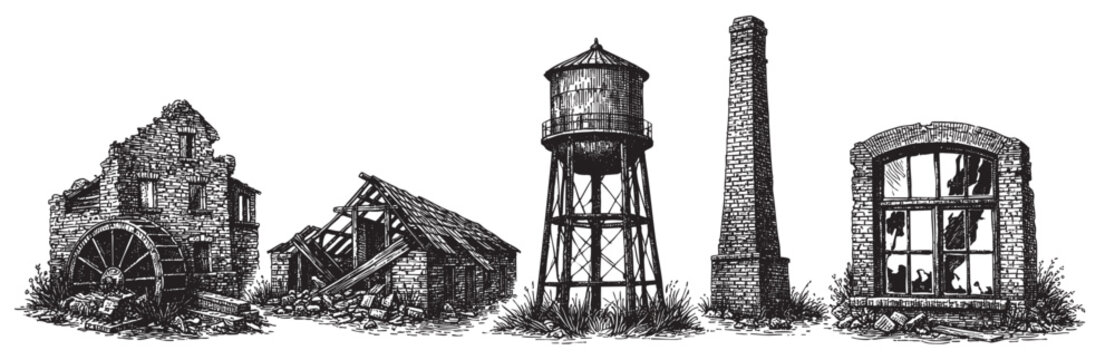 A stark, black and white sketch depicts a row of dilapidated industrial structures including a broken brick building with a water wheel, a crumbling shed, a water tower, and a brick chimney.