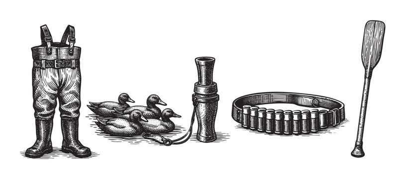 A vintage-style illustration depicts a collection of duck hunting essentials including waders, decoys, a duck call, a bandolier of shells, and a paddle against a clean white background.