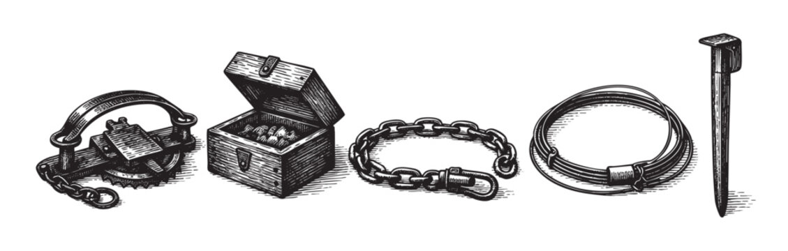 A black and white woodcut-style illustration displays a collection of vintage items including a bear trap, an open treasure chest, a thick chain, a collar, and a stake, against a white background.