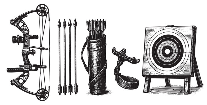 A detailed, hand-drawn illustration in a classic engraving style depicts archery equipment including a compound bow, arrows, quiver, arm guard, and target.