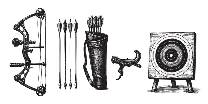 A vintage black and white illustration depicts a full archery set, including a compound bow, arrows, quiver, release aid, and target, set against a white background.