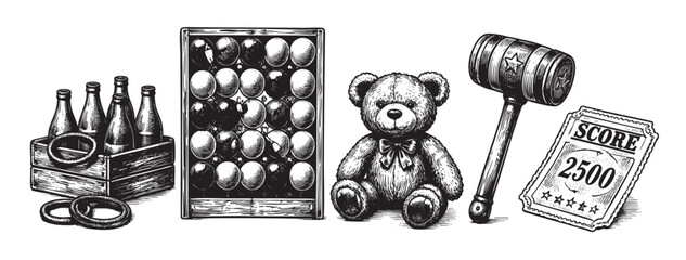 A hand-drawn, black and white illustration of vintage carnival game items including bottles, a ring toss game, a teddy bear, a gavel, and a score ticket.