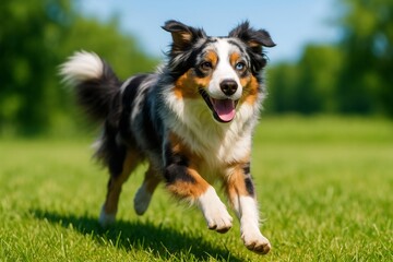Fototapeta premium Happy Australian Shepherd with striking blue eye energetically running and playing on lush green grass in a sunny summer park