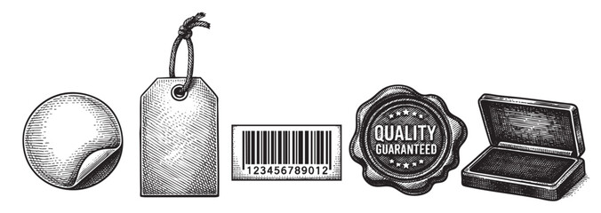 A collection of classic black and white illustrations includes a round sticker, a tag with string, a barcode, a "Quality Guaranteed" seal, and an open box, representing product branding and assurance.