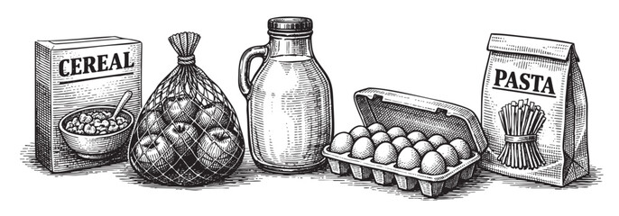 A black and white illustration of staple grocery items including cereal, apples, milk, eggs, and pasta, depicted in a vintage, hand-drawn style.