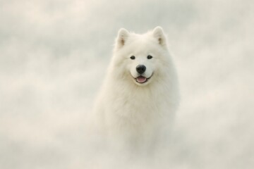 Obraz premium White Samoyed dog with a happy expression standing in soft, ethereal fog. Concept of purity, winter, and calm