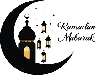 Greeting card Ramadan Kareem in black and white design using the main symbols: mosque, crescent, star, lantern. Vector isolated drawing. Simple and minimalistic design.