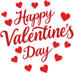 A vibrant red circular graphic with "Happy Valentine's Day" text and decorative heart symbols on a white background.
