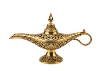 golden ornate genie lamp with arabesque patterns, decorative antique lamp