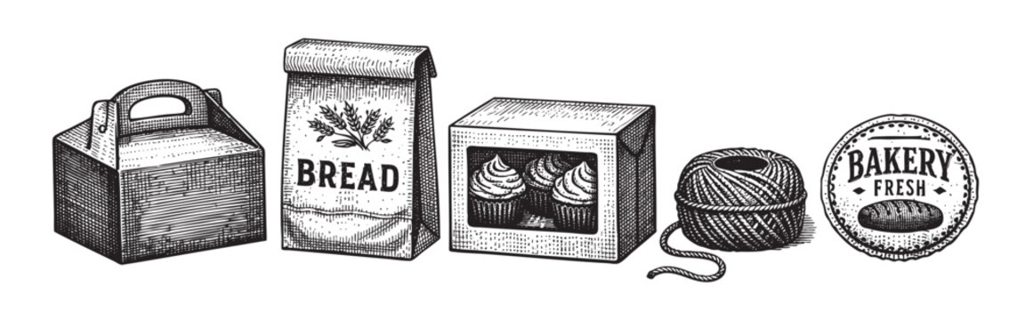 A vintage black and white illustration depicts various bakery packaging items, including a cake box, bread bag, cupcake box, and twine, with a circular "Bakery Fresh" logo.