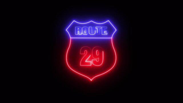 Glowing neon Route 29 text icon ,Route 29 shape symbol burning Loop. who will be used for road glowing against a black background ROUTE 29 .4k video motion graphic animation.