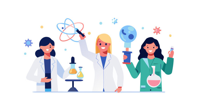 Three diverse female scientists actively engaging in laboratory research and experimentation, holding various scientific tools, symbolizing innovation and discovery in STEM fields