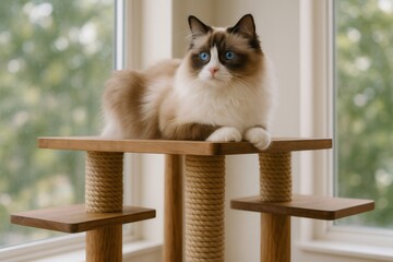 Ragdoll cat with striking blue eyes lying comfortably on a wooden cat tree, enjoying natural light from a window