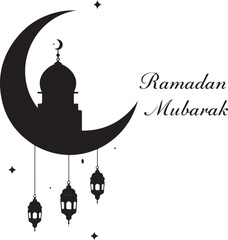Elegant black and white calligraphic script wishing Ramadan Kareem with a crescent moon and stars
