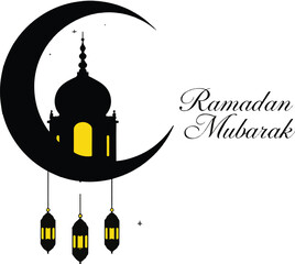 Greeting card Ramadan Kareem in black and white design using the main symbols: mosque, crescent, star, lantern.
